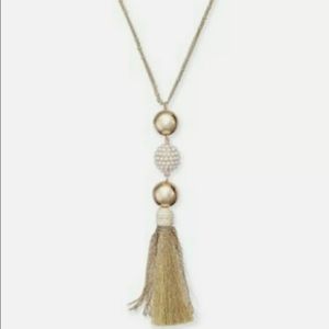 Gold Tone Pearl, Firebal Tassel Necklace